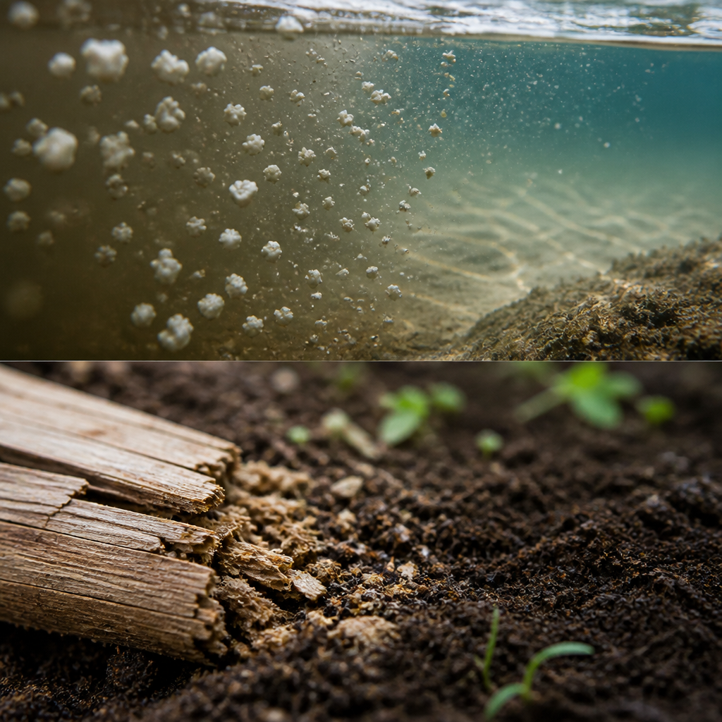 Abstract visualization of foam microplastics in water versus natural decomposition of wood materials