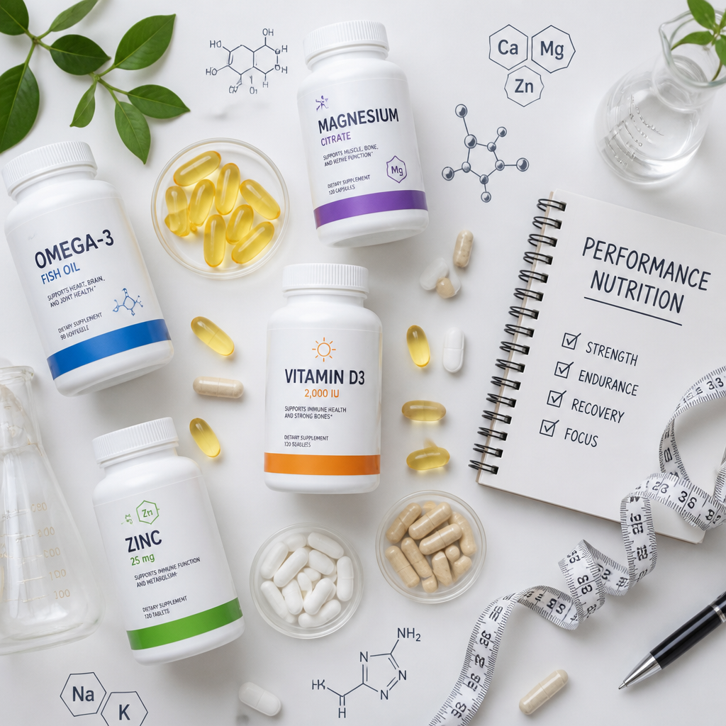 Nutritional supplements and micronutrient elements arranged in a flat lay composition