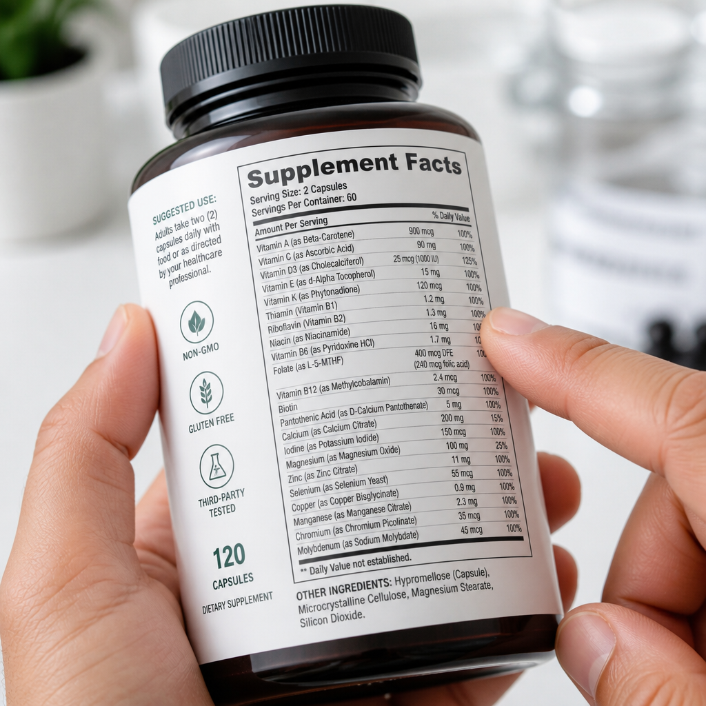 Person examining multivitamin supplement label and nutritional information