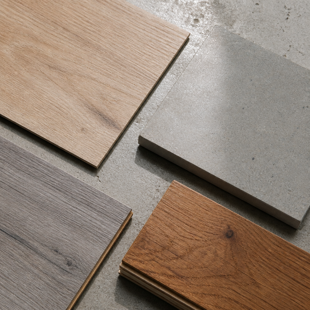 Flooring material samples displayed on concrete: LVT, polished concrete, laminate, and engineered wood options