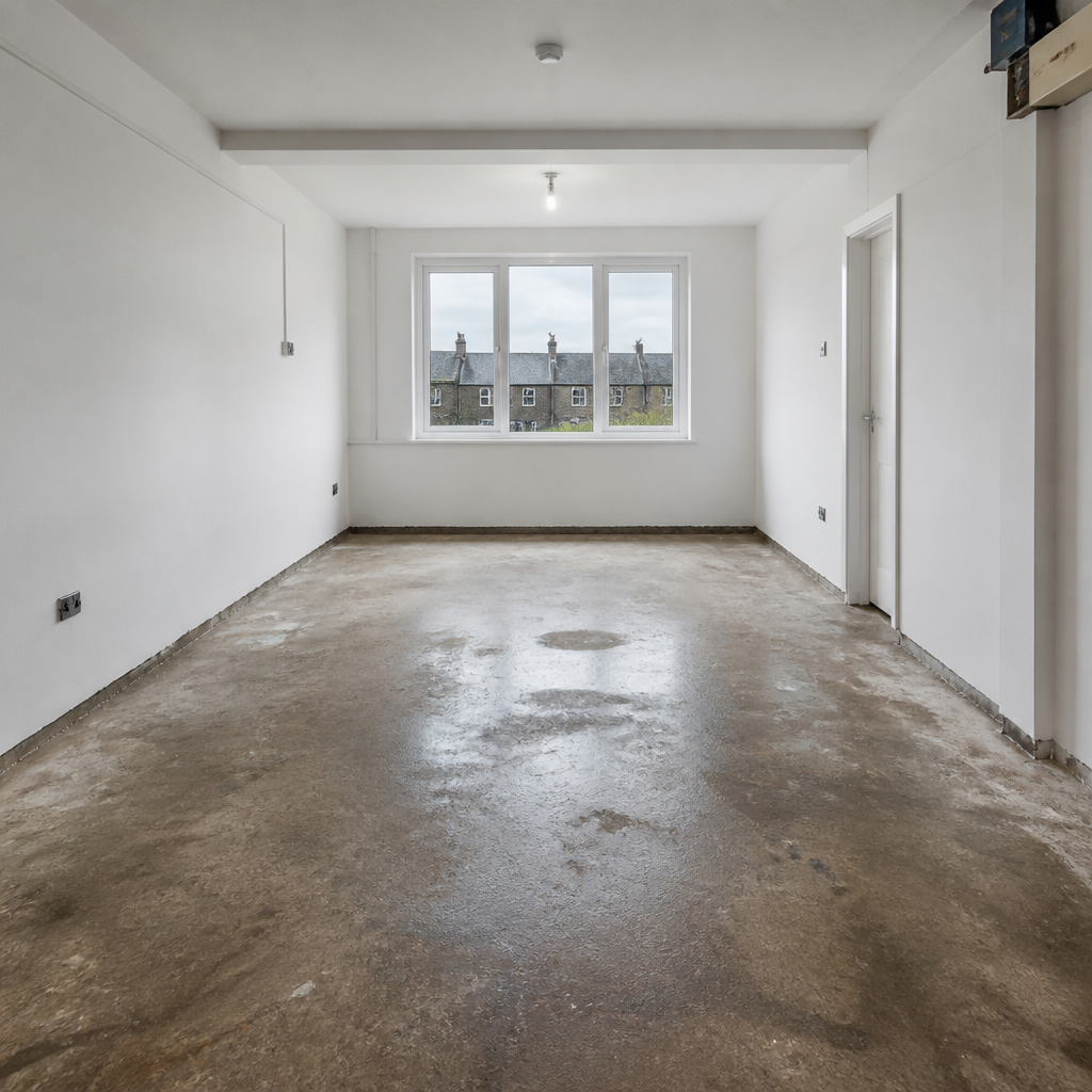 Raw concrete garage conversion space showing moisture and surface conditions before flooring treatment