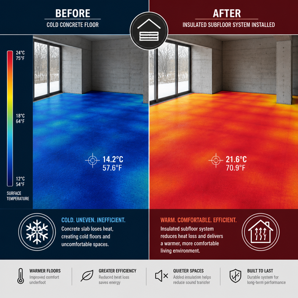 Comparison visualization of floor temperature before and after insulated subfloor installation in garage conversion