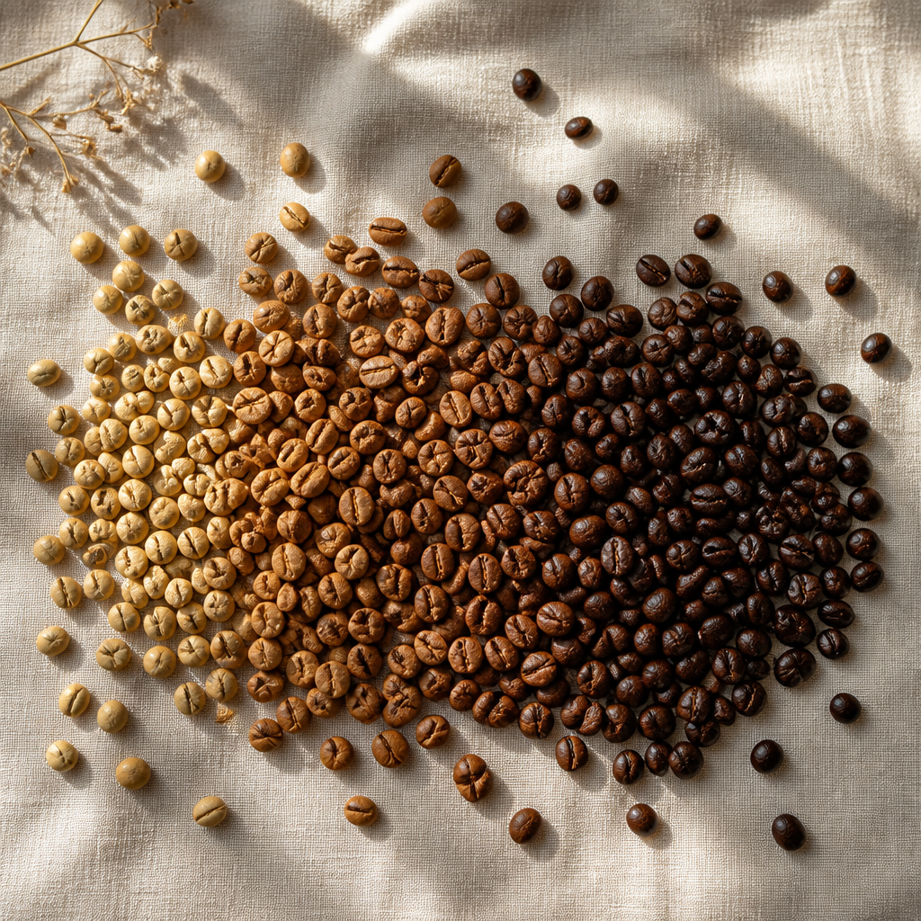 Coffee beans arranged by roast levels from light to dark on a neutral surface