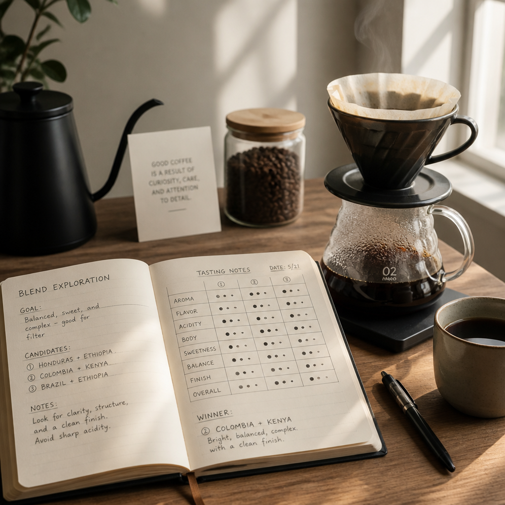 Notebook with coffee tasting notes beside a pour-over brewing setup in natural light