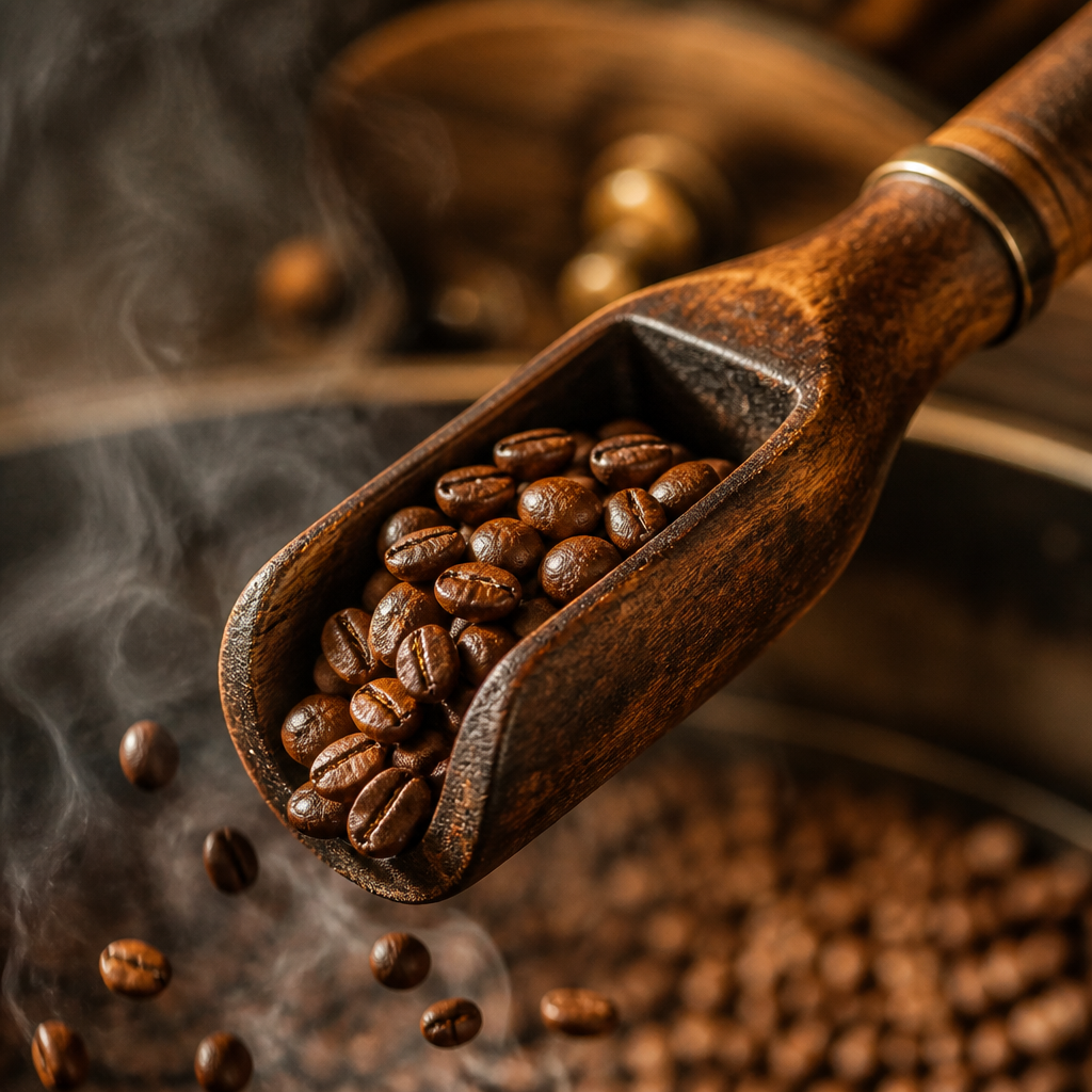 Wooden scoop overflowing with freshly roasted coffee beans in atmospheric detail shot