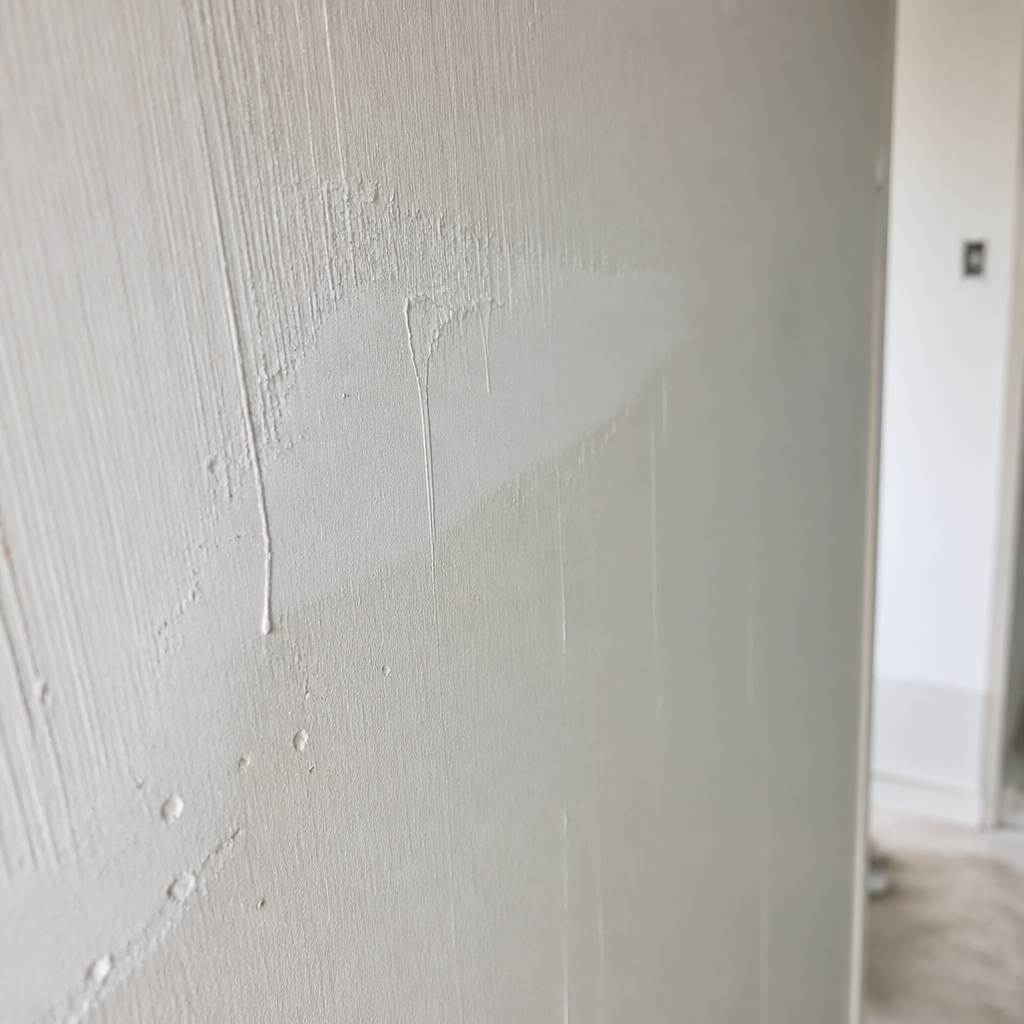 Close-up of paint defects showing streaks and uneven coverage on a wall surface