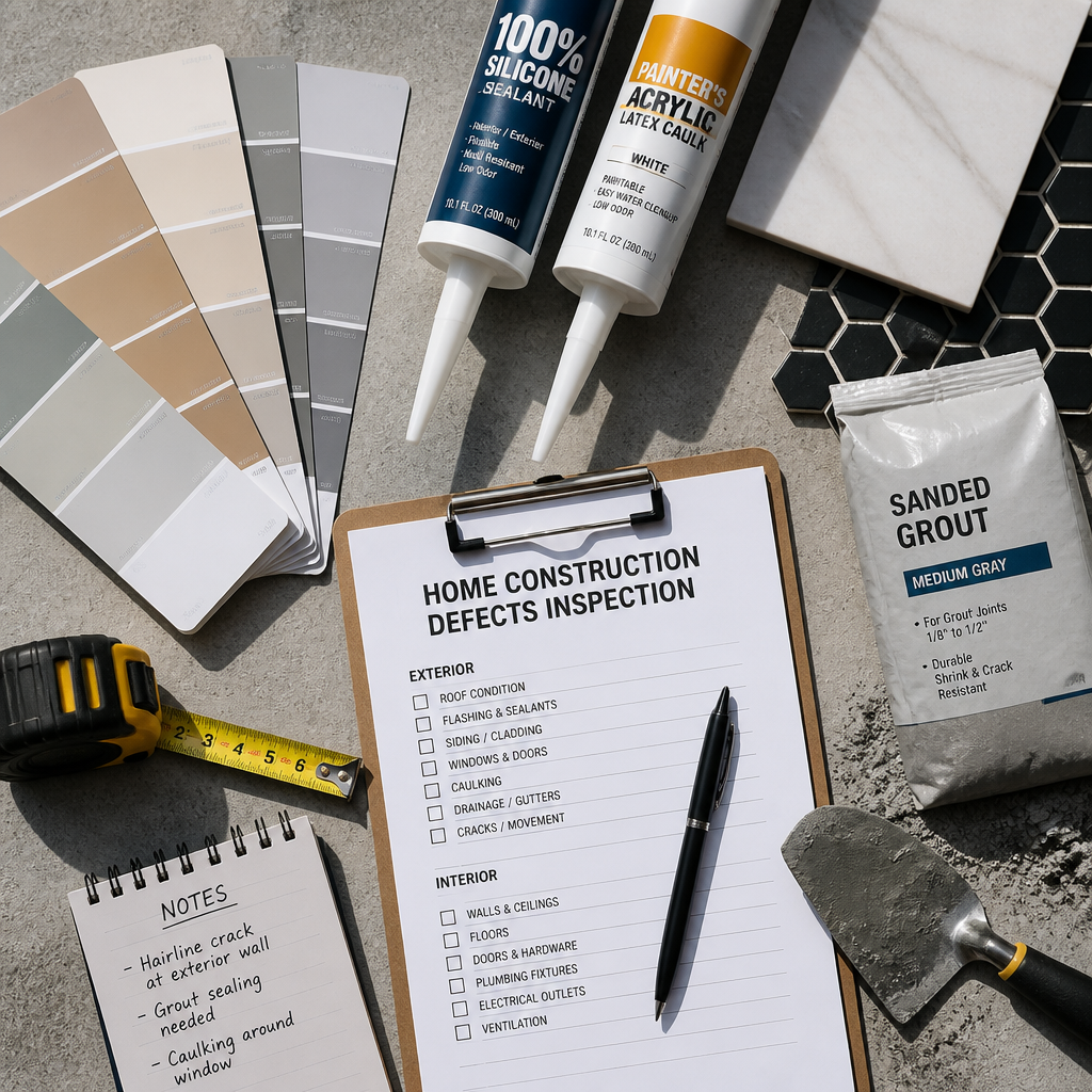 Arrangement of home construction materials and inspection tools on concrete surface