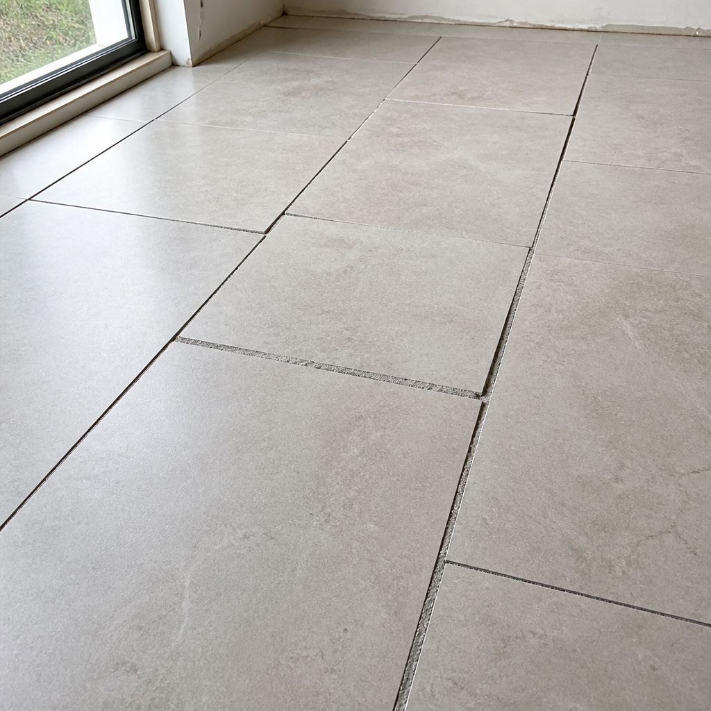 Newly laid tiles showing visible defects in grout lines and alignment