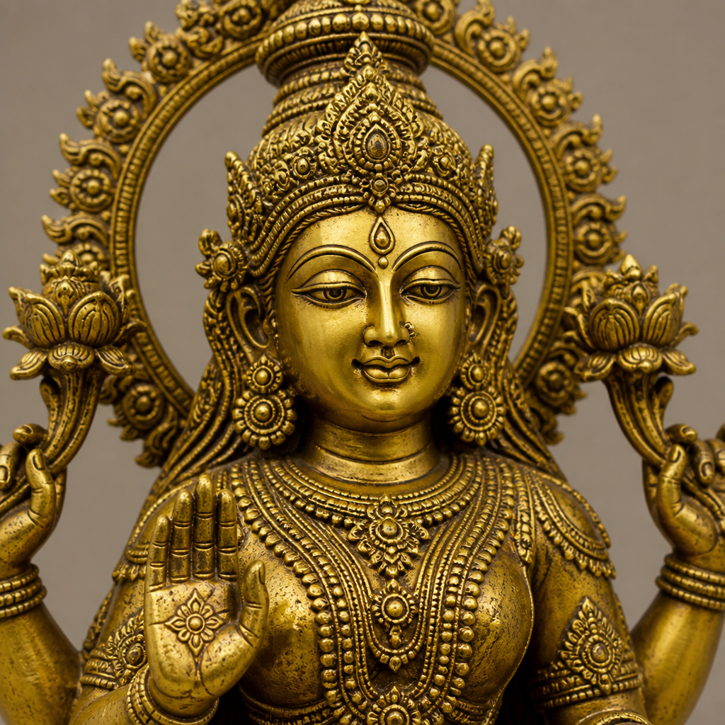 Statue détaillée de Lakshmi en bronze doré montrant le savoir-faire du moulage du sud de l'Inde et la ferronnerie ornée