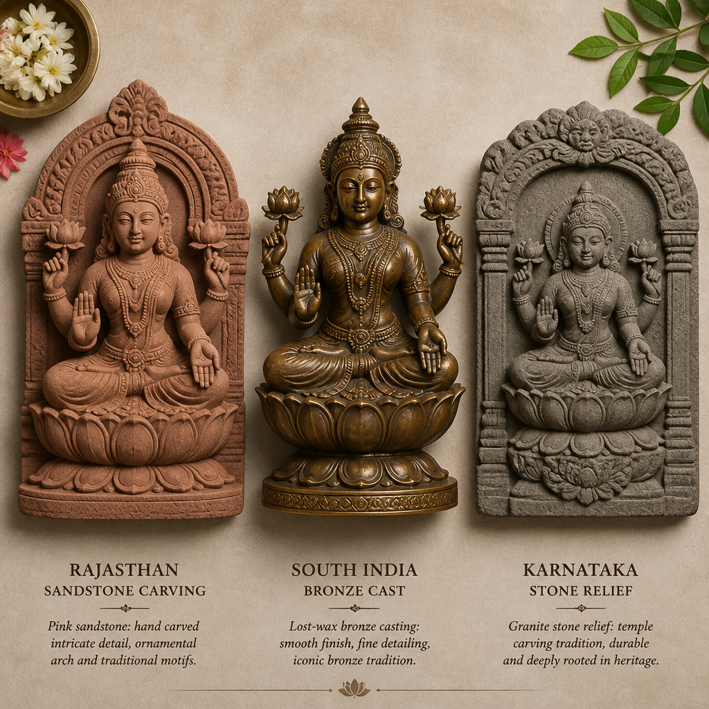 Exposition comparative de trois styles régionaux de statues de Lakshmi montrant différents matériaux et traditions artistiques