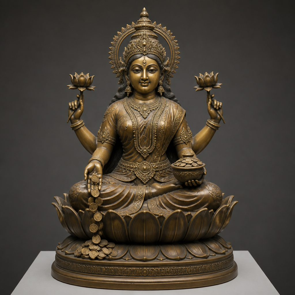 Vue complète d'une statue de Lakshmi affichant l'iconographie à quatre bras avec des attributs traditionnels et des gestes symboliques