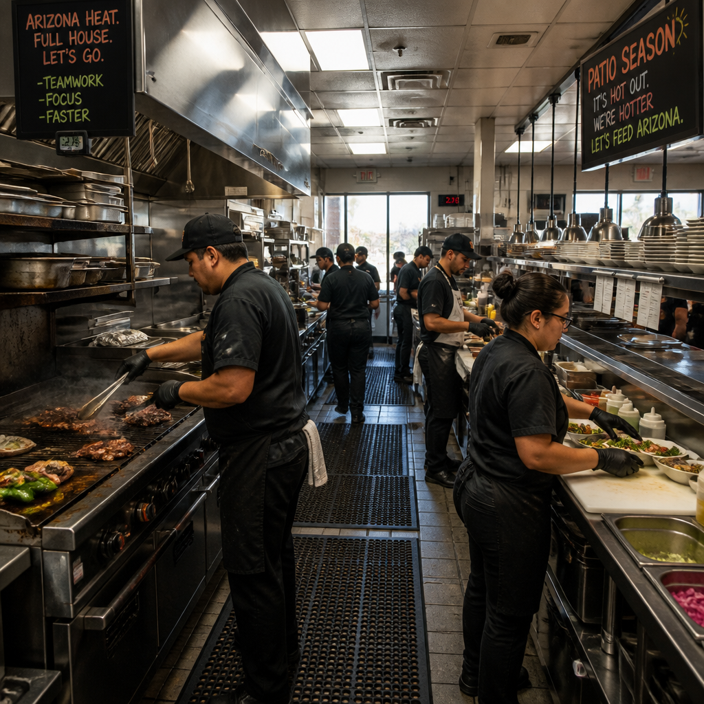 Active commercial restaurant kitchen during service hours with professional equipment and staff