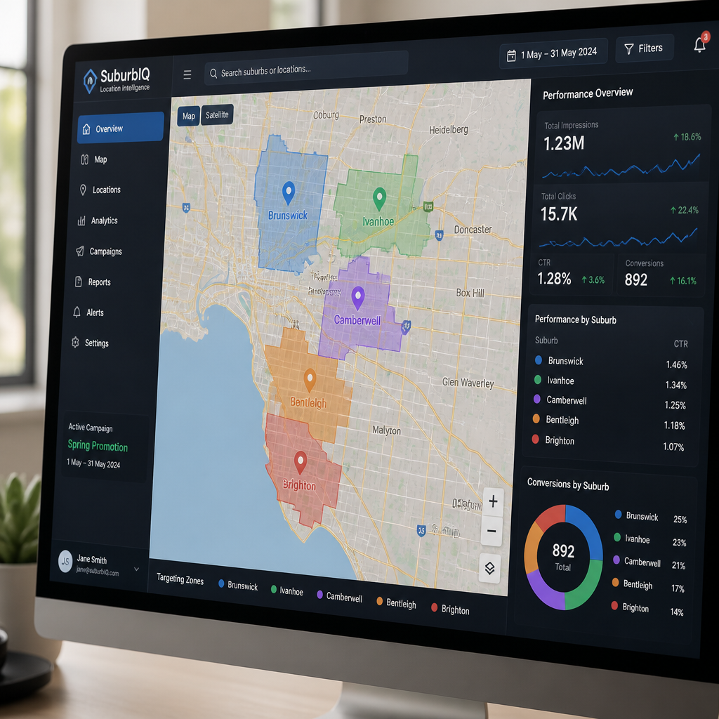 Computer screen showing suburb-level targeting map with analytics data for real estate advertising