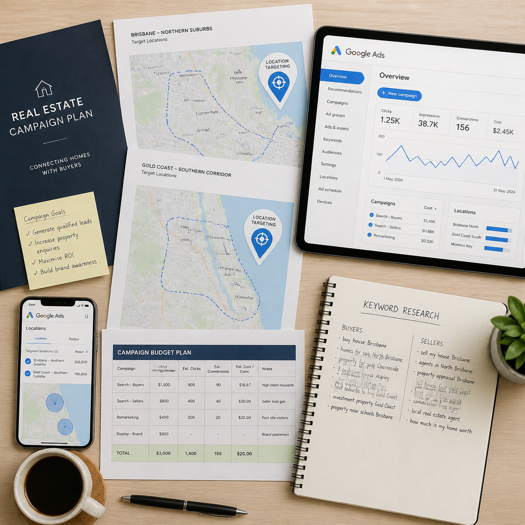Real estate campaign planning materials including suburb maps and advertising strategy documents