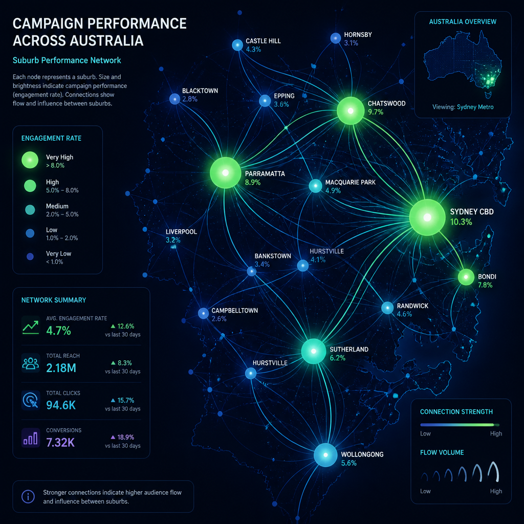 Abstract visualization of suburb targeting data showing campaign performance across different locations