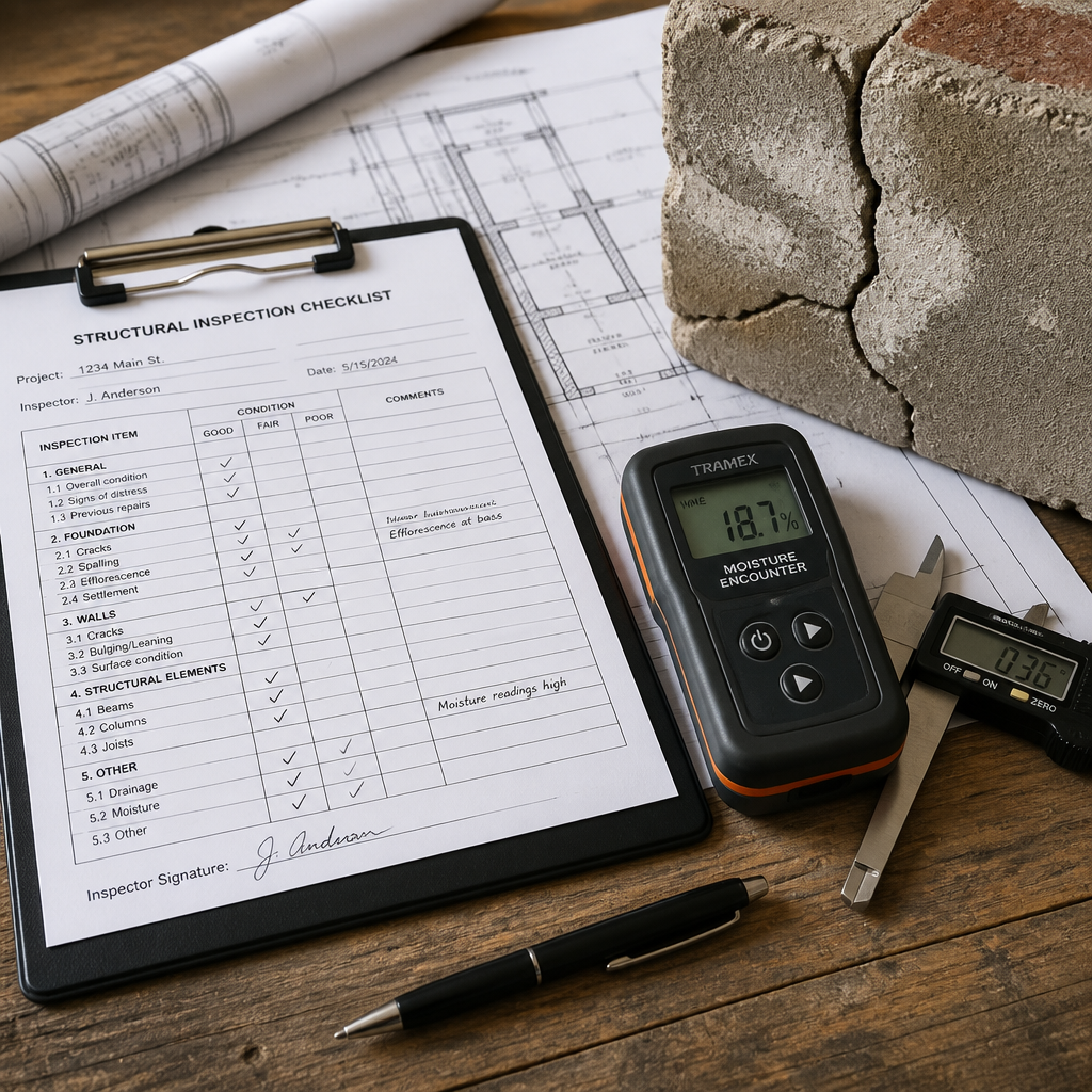 Outils et documents d'expertise bâtiment lors d'une inspection structurelle