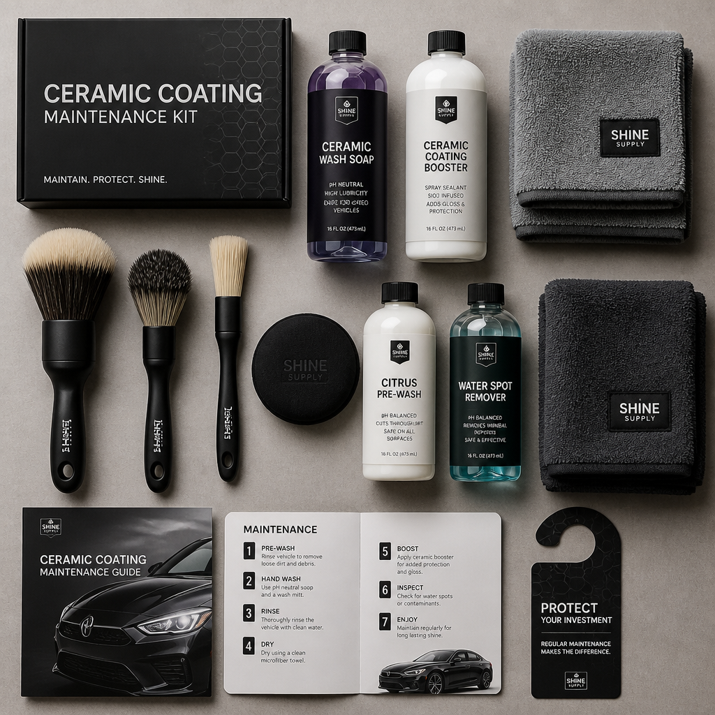 Collection of ceramic coating car wash products and tools arranged flat-lay