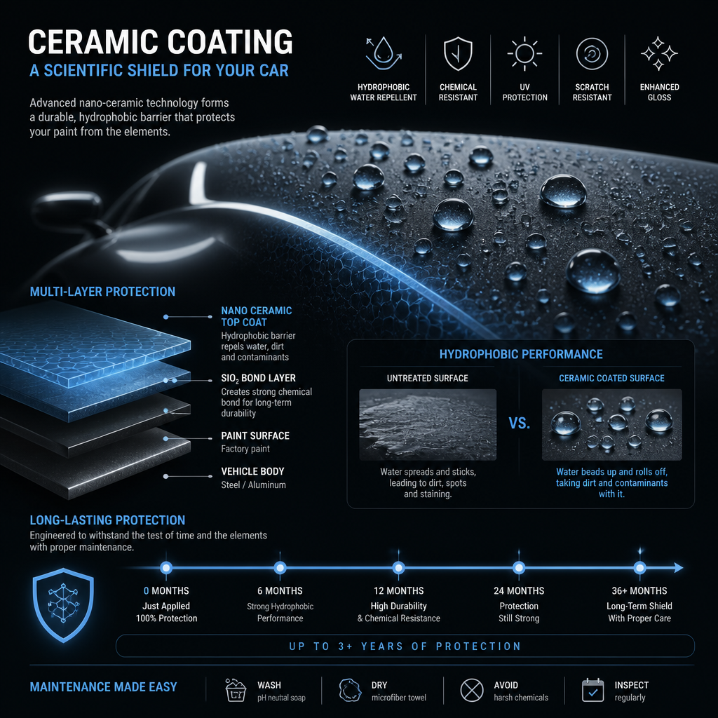 Abstract visualization of ceramic coating hydrophobic protection on car paint