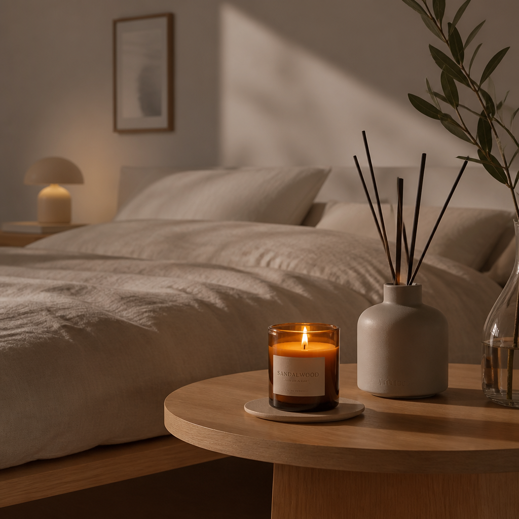 A serene bedroom corner featuring a lit candle and diffuser creating ambient lighting and fragrance layers