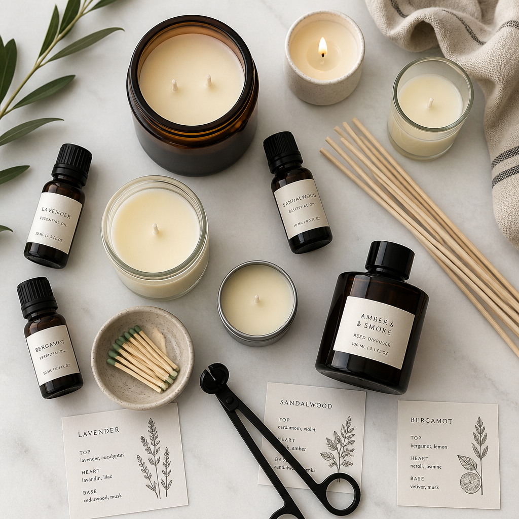 Collection of home scent layering tools including candles, diffusers, and fragrance bottles arranged overhead