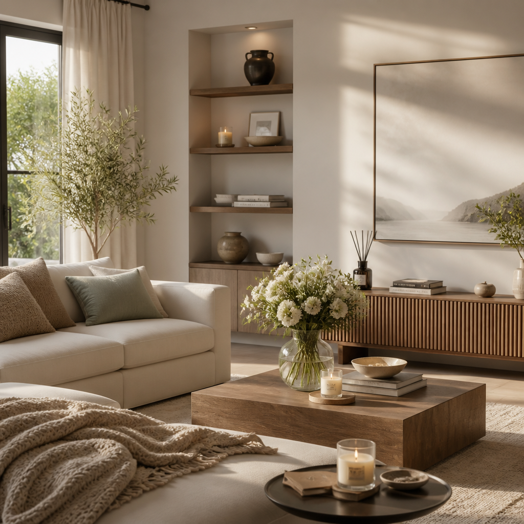 Bright living room interior with balanced scent layering elements creating a cohesive calming environment