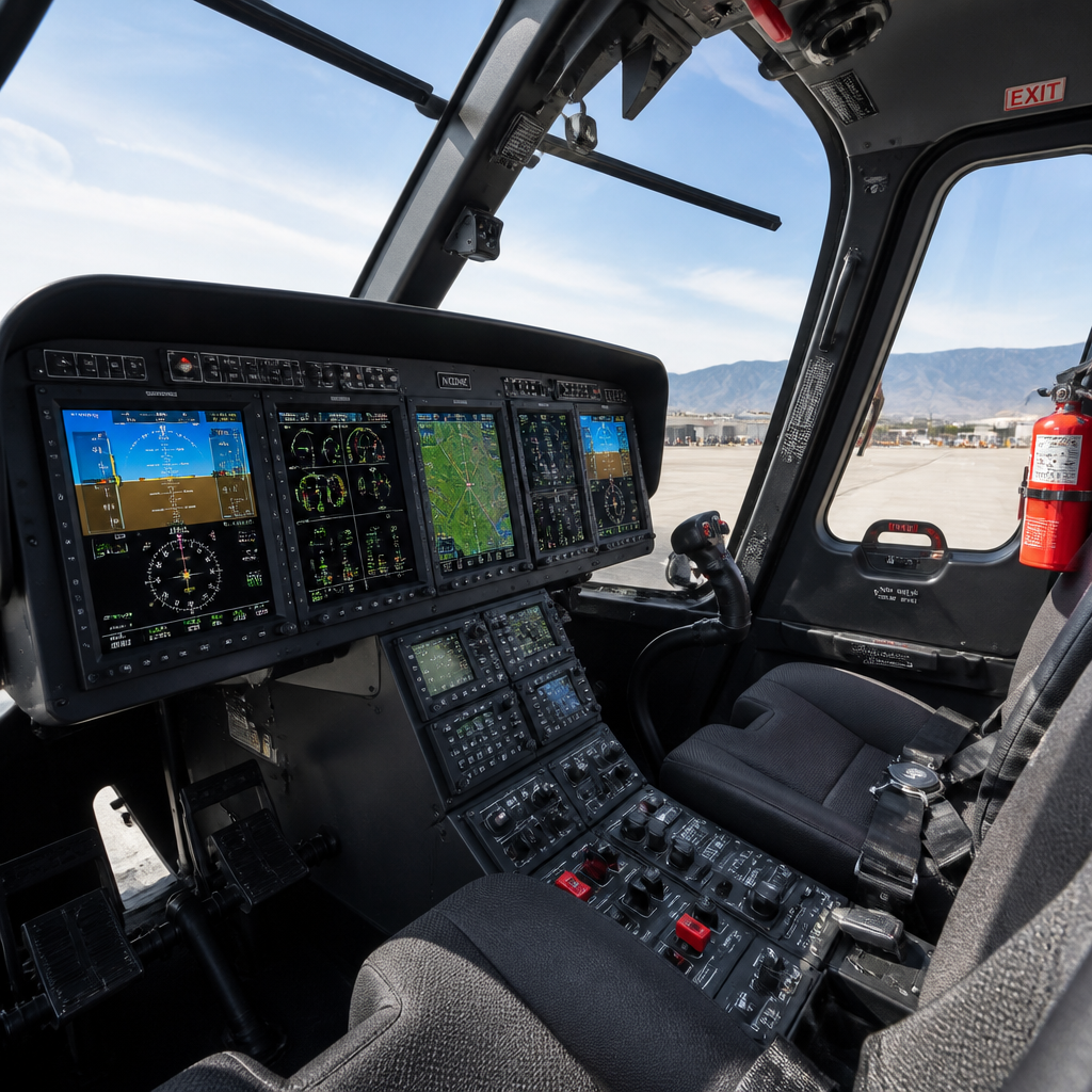 Wnętrze kokpitu helikoptera z instrumentami nawigacyjnymi