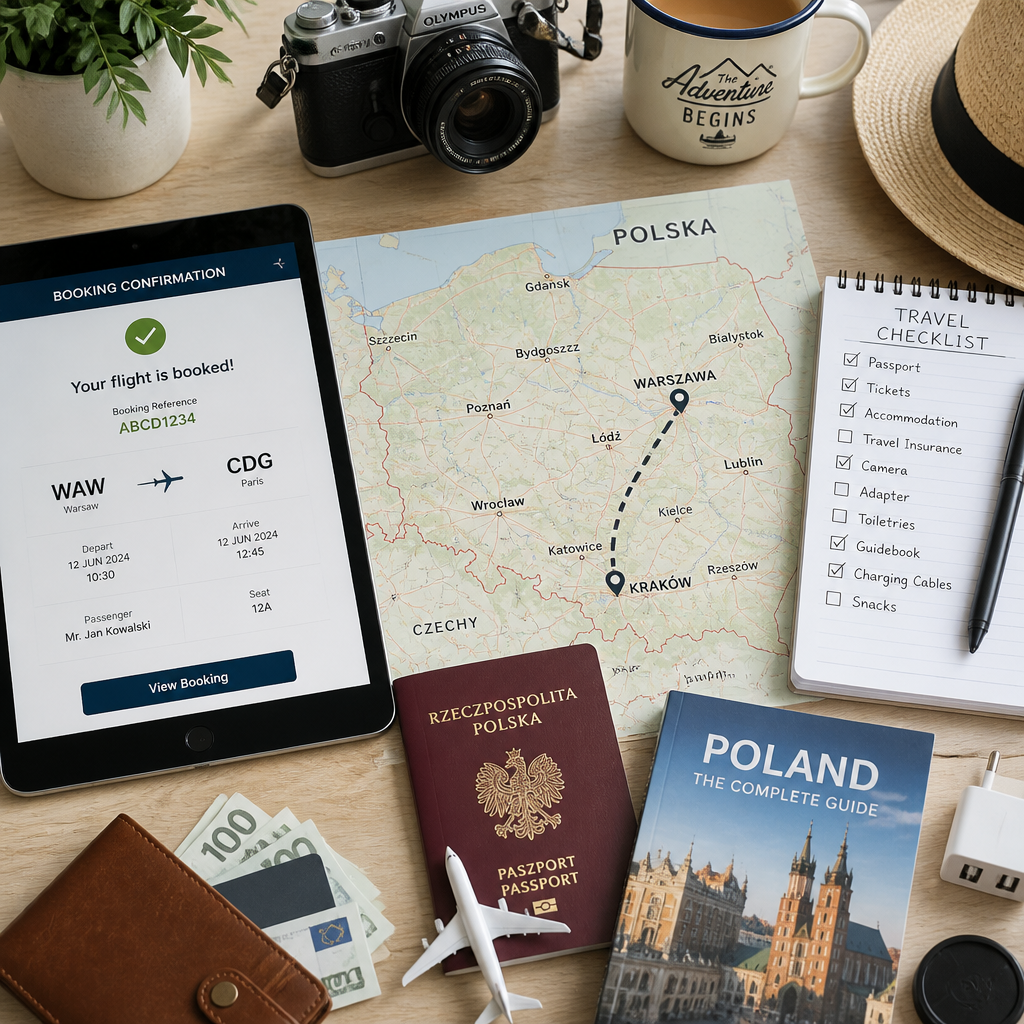 Przygotowanie do lotu - dokumenty, mapa i urządzenia na biurku