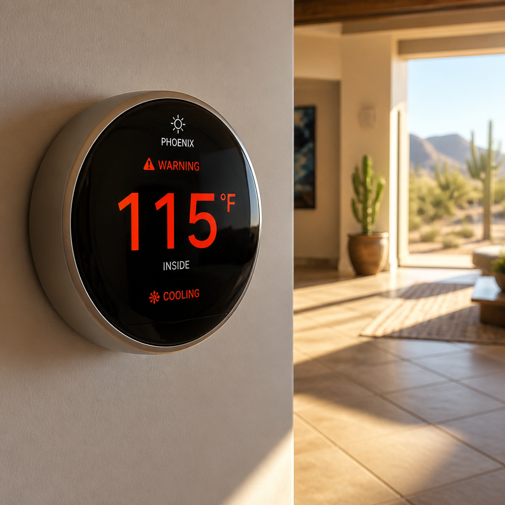 Digital thermostat showing 115°F with red warning indicators in a Phoenix home