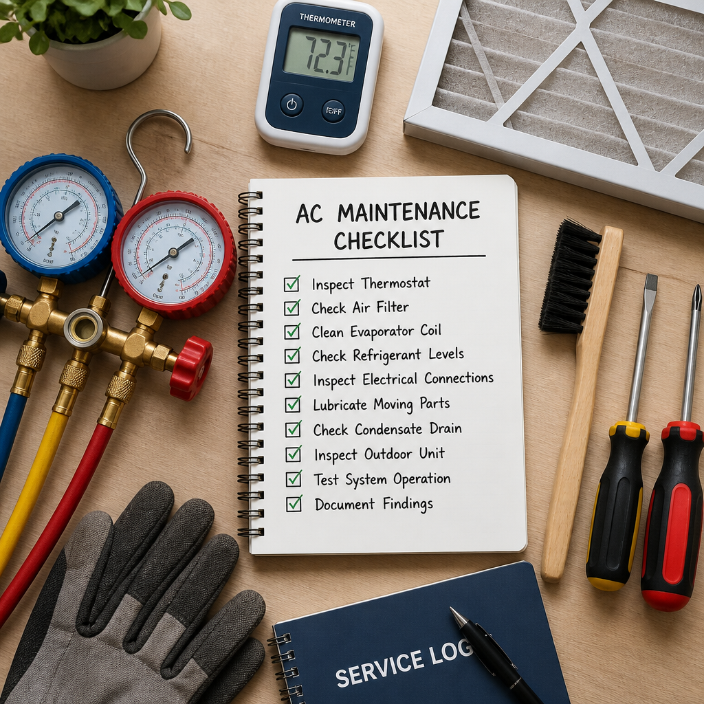AC maintenance tools and checklist arranged on a professional workbench