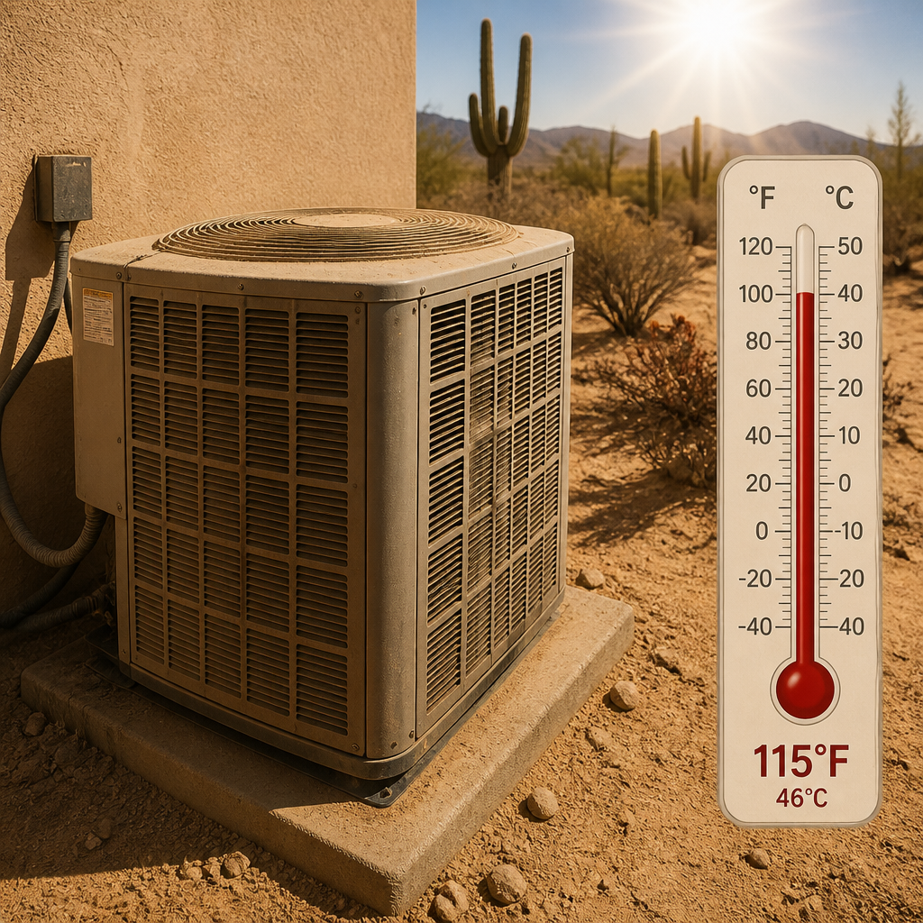 HVAC outdoor condenser unit under intense Phoenix desert sun with dust buildup