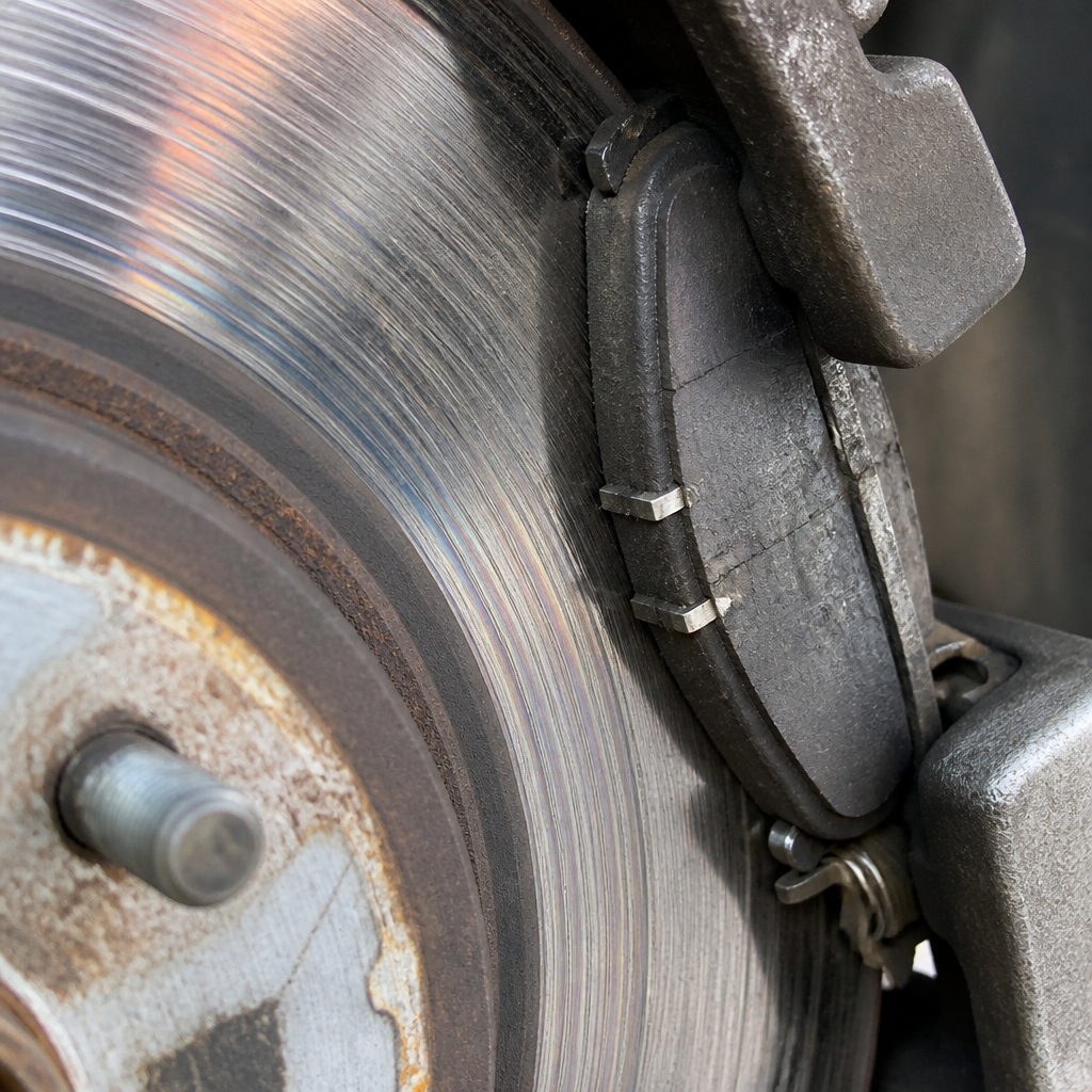 Close-up of worn brake rotor and pad assembly showing heat damage and wear