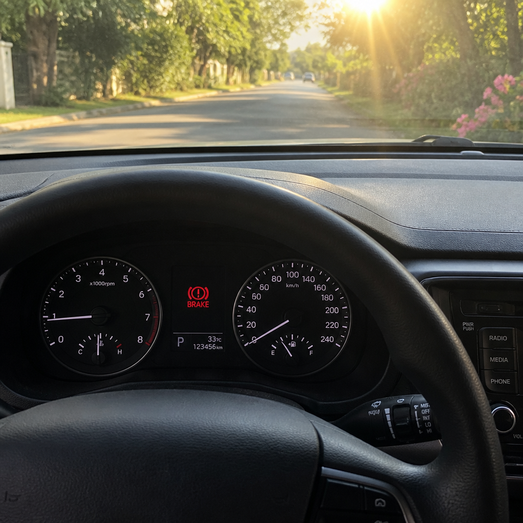 Car dashboard with brake warning light activated