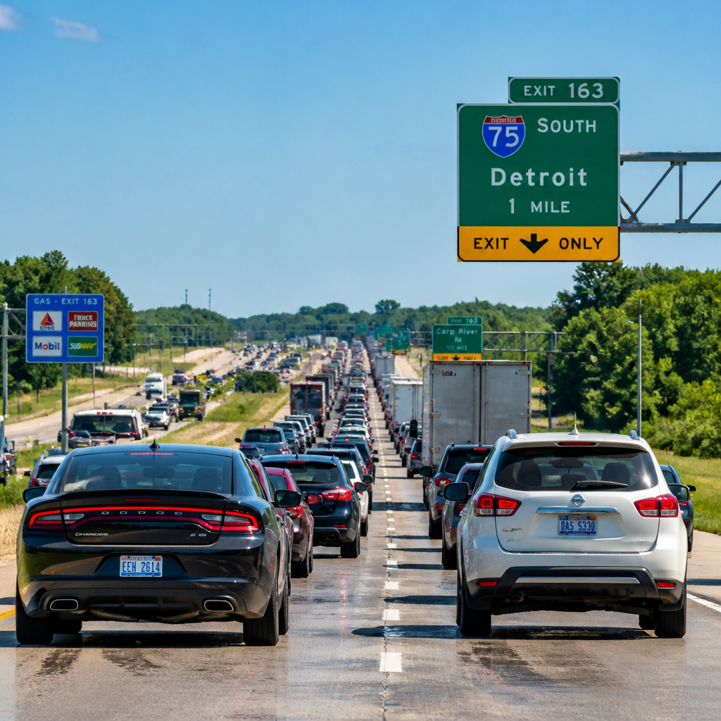 Heavy traffic on Michigan highway during summer heat