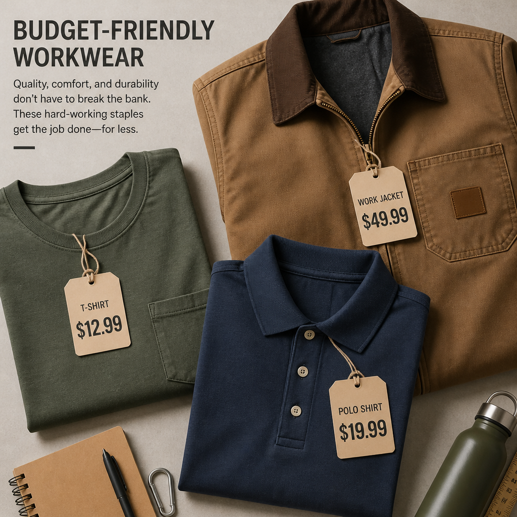 Selection of budget workwear garments displaying quality stitching and fabric texture