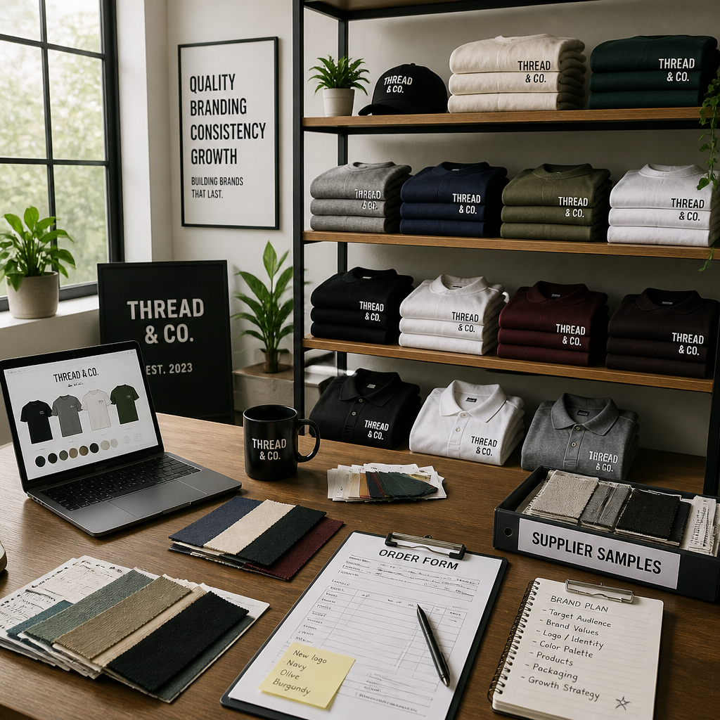 Organized workwear inventory and branded apparel display in a startup office setting