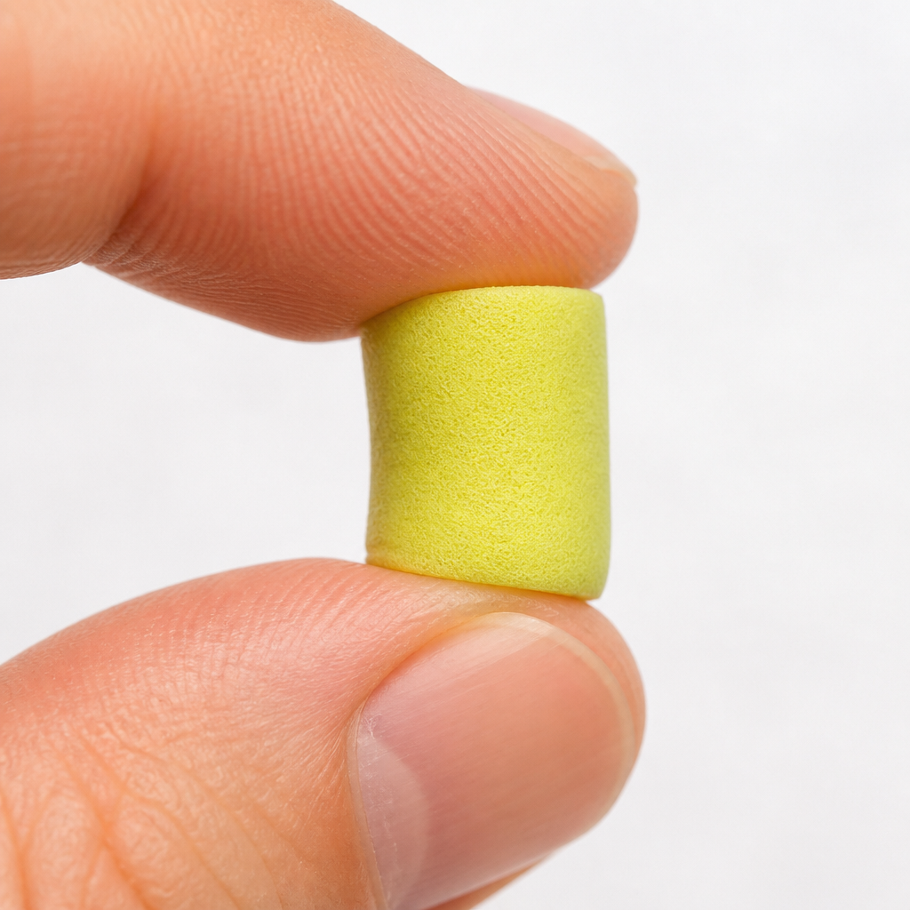 Memory foam ear plug compressed into a cylinder shape