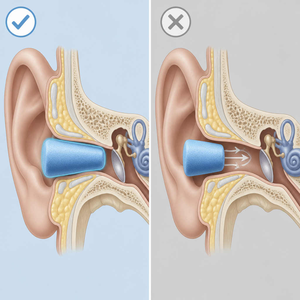 Comparison diagram of correct versus incorrect ear plug insertion depth