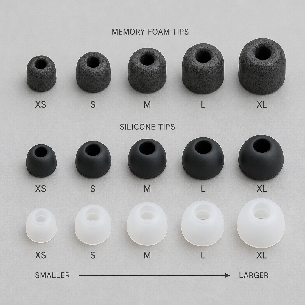 Collection of different ear plug tip sizes arranged by scale