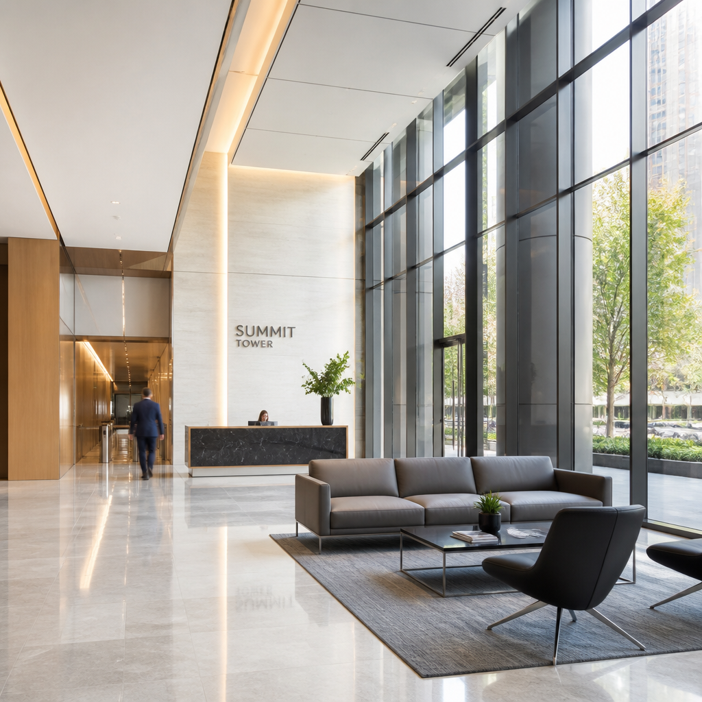 Clean, modern office lobby with polished floors and professional facilities