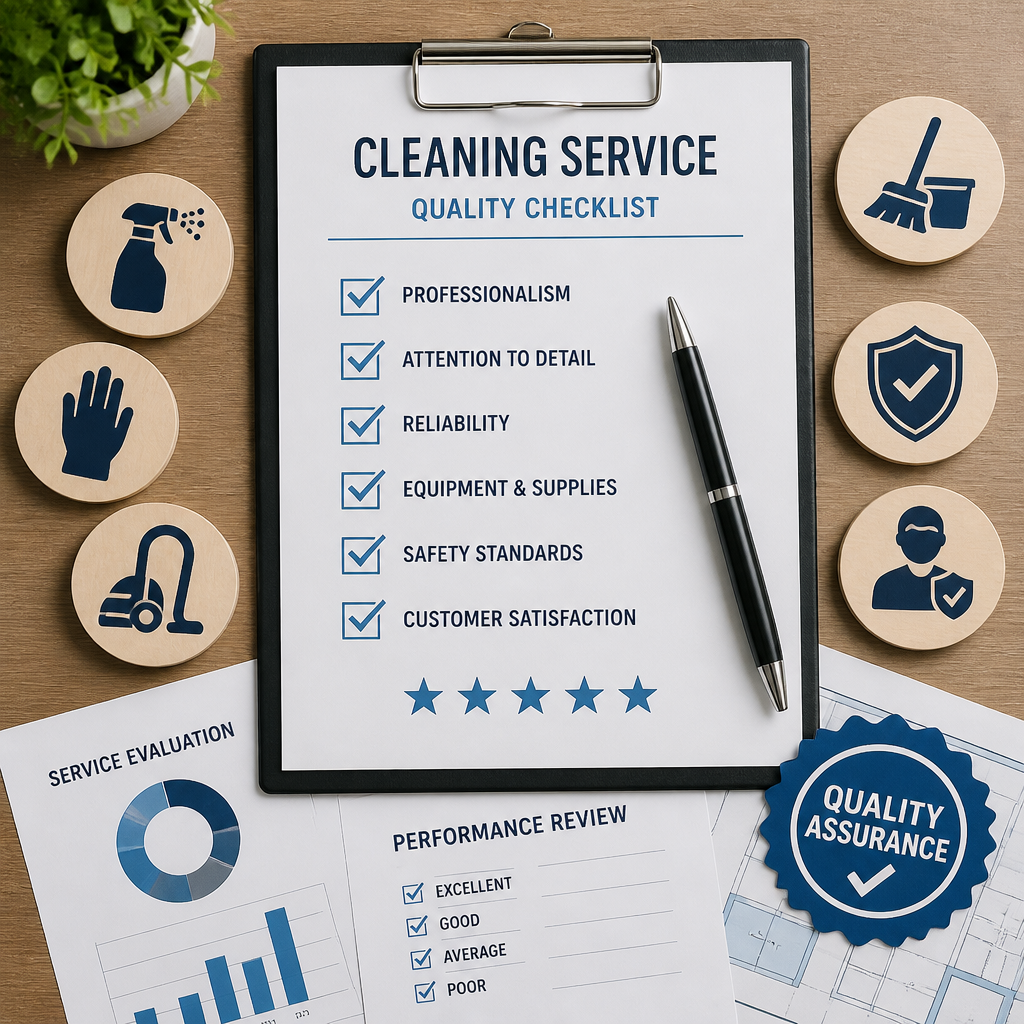 Checklist and evaluation documents representing cleaning service assessment
