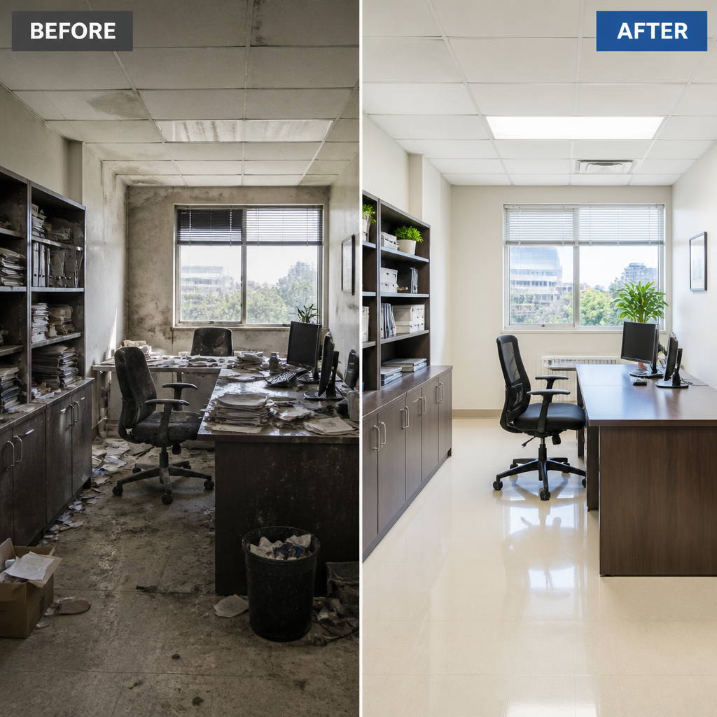Before-and-after comparison of office space transformation from dirty to clean