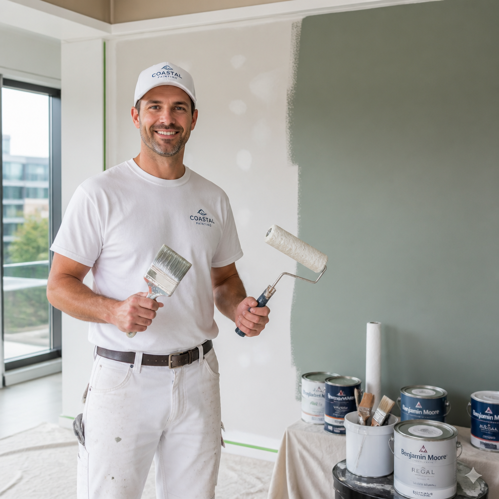 Professional painter demonstrating interior wall preparation and painting technique