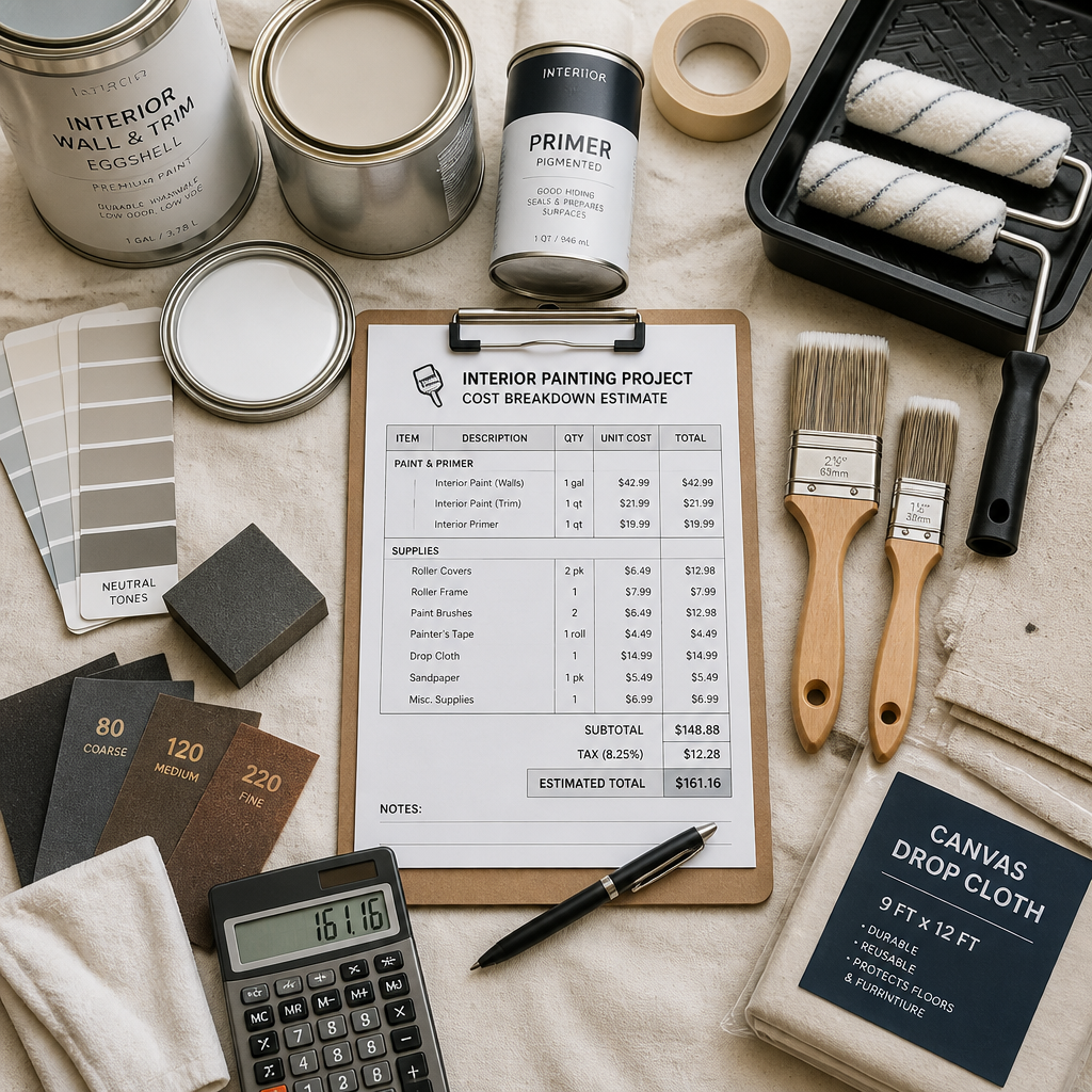 Interior painting supplies and tools arranged for a professional estimate