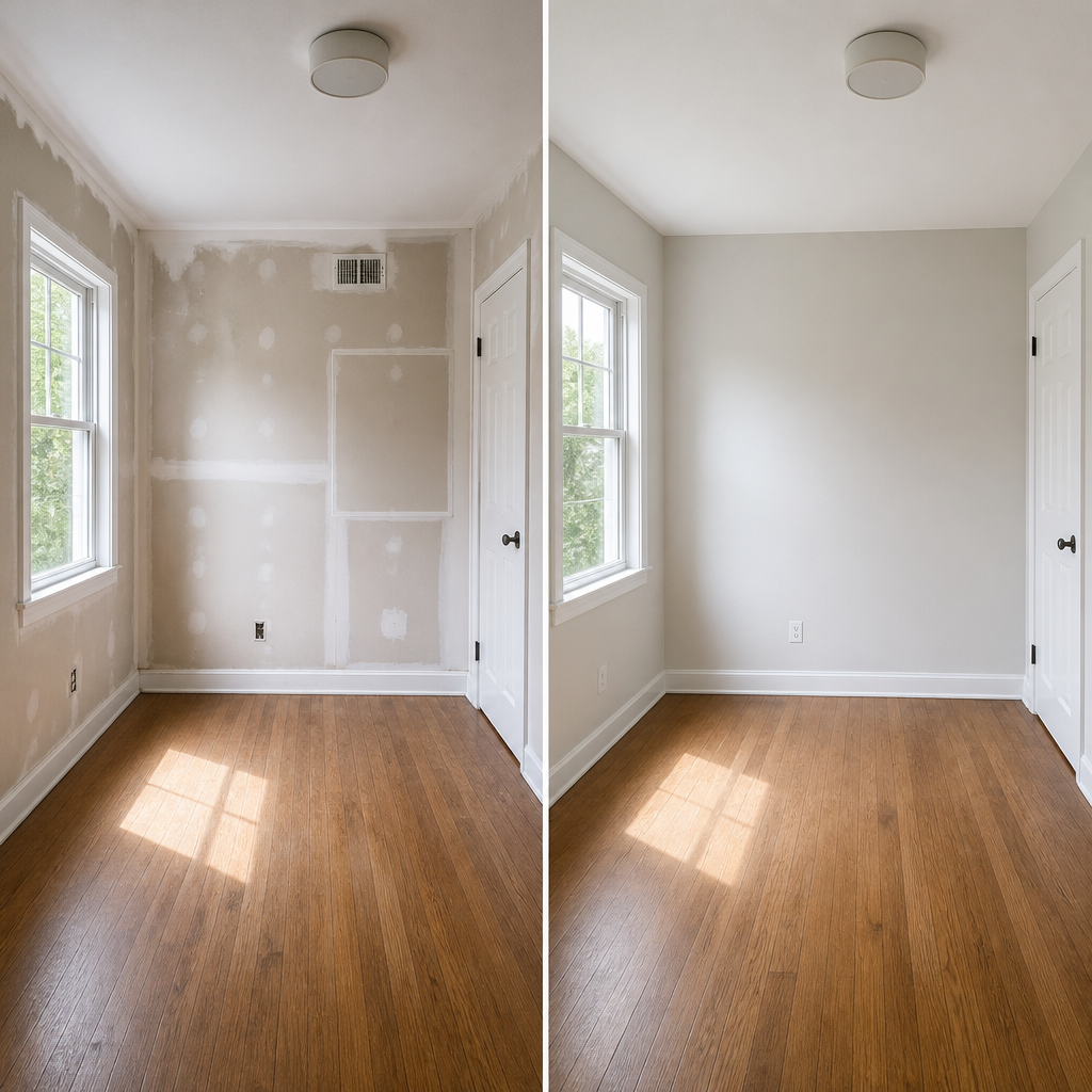 Before and after comparison of interior room painting and wall preparation