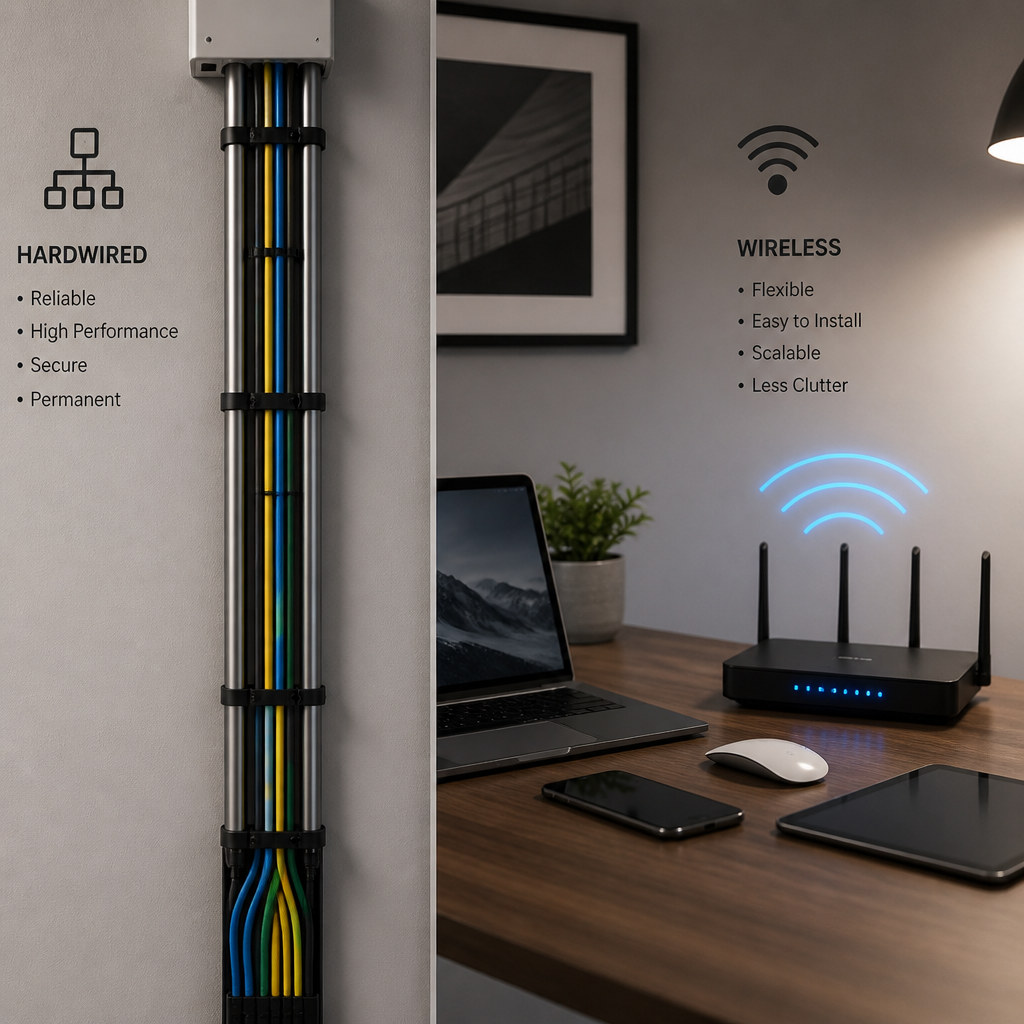 Side-by-side comparison of wired cable infrastructure and wireless signal transmission in a modern office setting