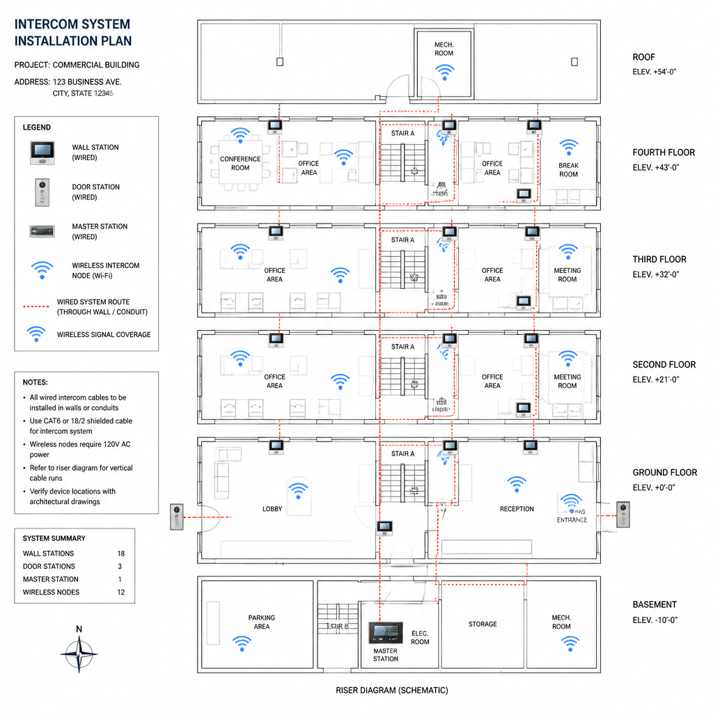 Technical floor plan diagram showing wired and wireless intercom system layouts across multiple building floors
