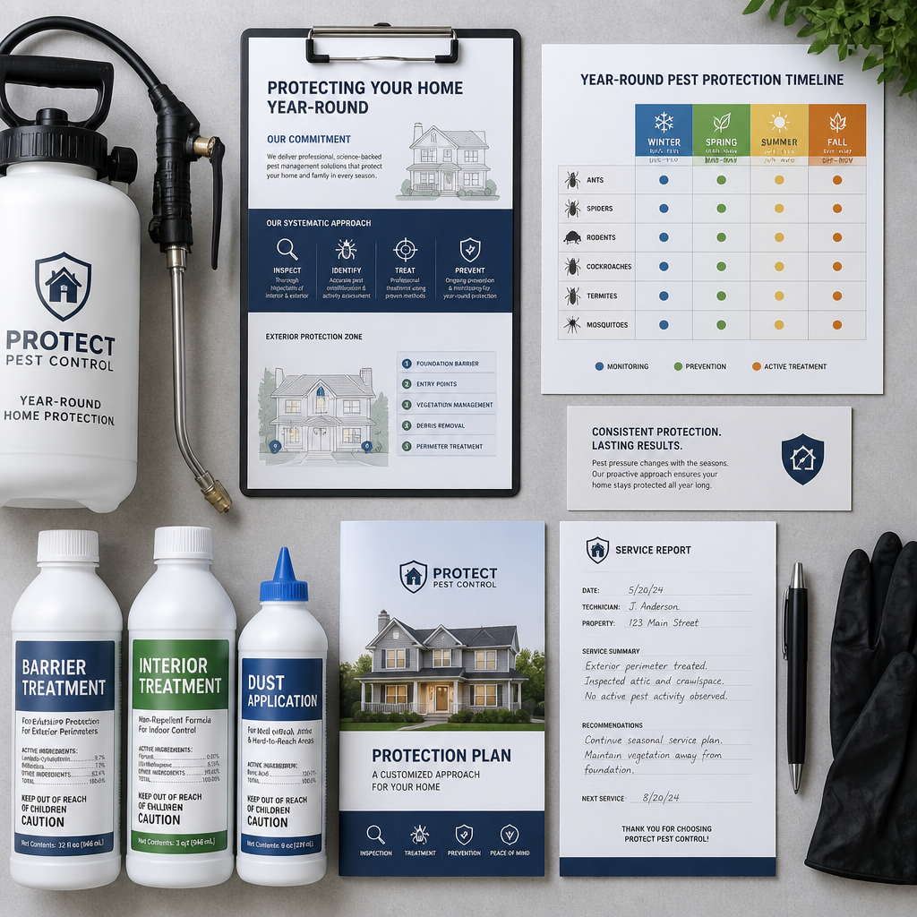 Professional spider control materials and seasonal treatment documentation arranged in organized layout
