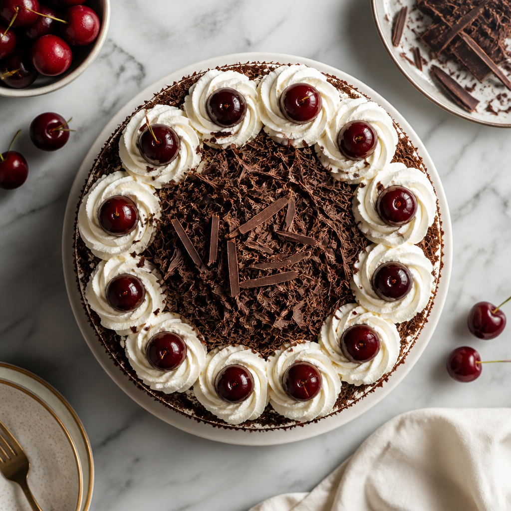 Overhead view of an authentic Black Forest Gateau featuring chocolate cake layers, white cream, and cherry garnish