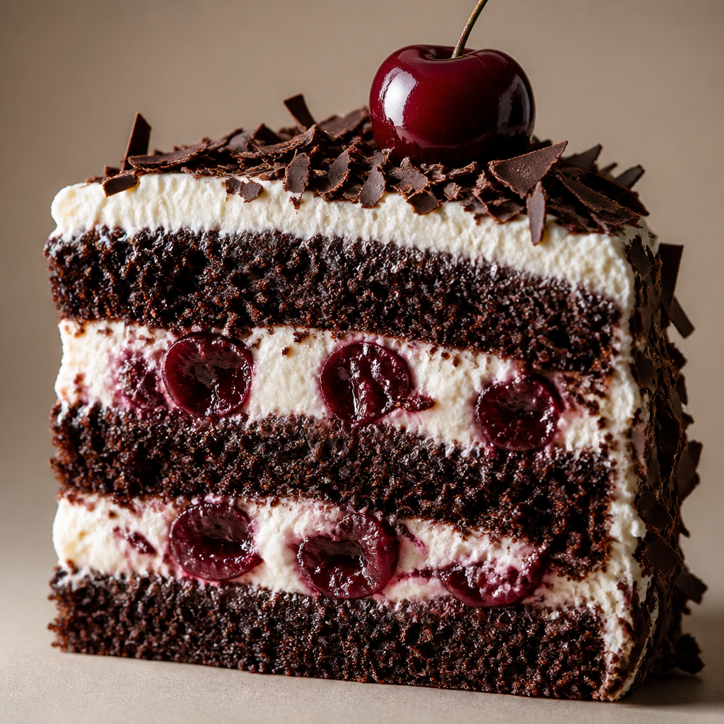 Detailed cross-section of a Black Forest Gateau slice revealing layers of chocolate cake, cream, and cherries