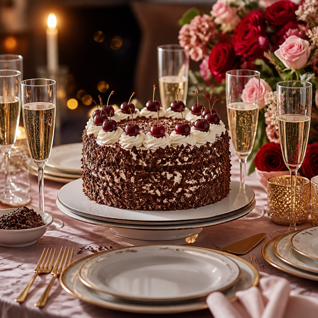 Black Forest Gateau displayed as a centerpiece on a celebration table with place settings and champagne glasses